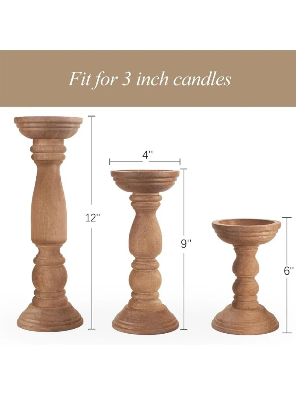 Rustic Wooden Candle Holders Set of 3 - Vintage Tall Pillar Stand Decor, 12''